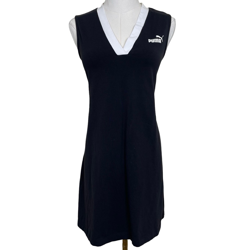 Puma Sleeveless V-Neck Tennis Dress Womens L Black White Logo Sporty Athleisure